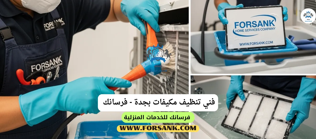 فني خبير من فرسانك يقوم بتنظيف دقيق لفلاتر مكيف سبليت في جدة